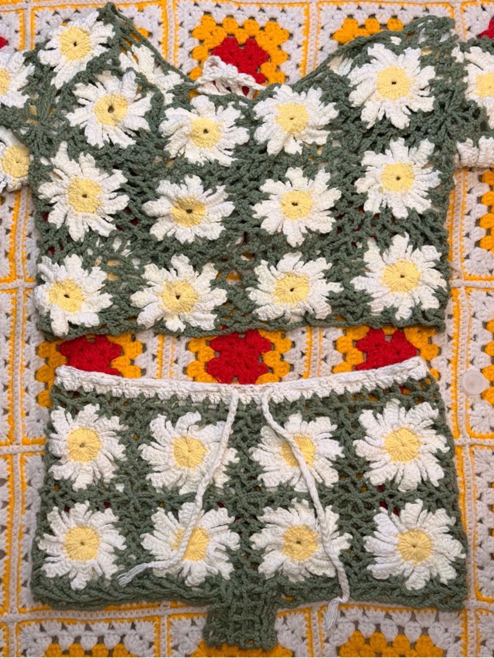 Handmade Crochet Daisy Crop Top and Skirt Set - White & Yellow Daisies on Green